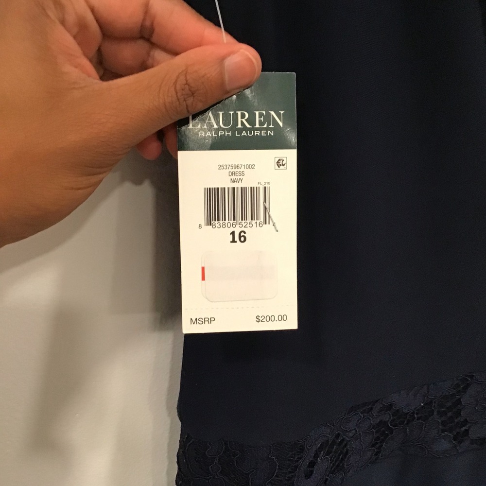 Lauren Ralph Lauren Dress Women 16 Navy Blue New Lace Trim Surplice V-Neck - Picture 14 of 16